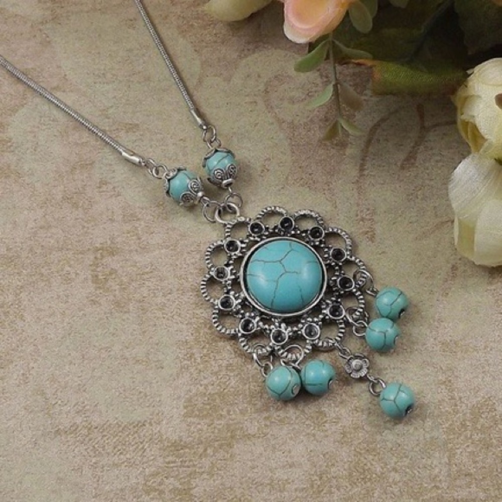 Bohemian Turquoise and Silver Pendant Necklace - Picture 2 of 3